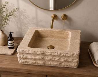 Custom Travertine Vessel Sink | Luxury Natural Stone Bathroom Basin | Minimalist Vanity Sink
