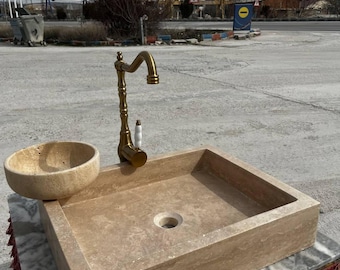 Handmade Travertine Sink – Natural Stone Bathroom Basin – Modern Rustic Vanity
