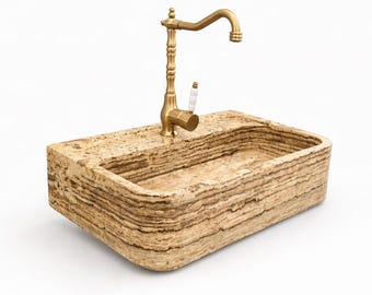 Handmade Travertine Vessel Sink, Natural Stone Bathroom Basin, Luxury Square Vanity Sink