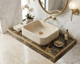 Beige Marmor Waschbecken | Handgefertigtes Naturstein-Becken | Modernes Badezimmer Eitelkeit