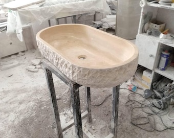 Handmade Travertine Marble Bathroom Sink – Oval Natural Stone Vessel Basin, Luxury Vanity Sink
