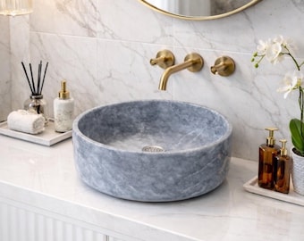 Custom Round Gray Marble Sink – Handmade Natural Stone Vessel Basin – Luxury Bathroom Vanity Washbowl
