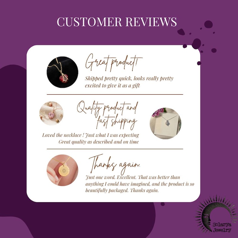 May include: A customer review graphic with the text "CUSTOMER REVIEWS" at the top. The reviews include "Great product," "Quality product and fast shipping," and "Thanks again." The Solarya Jewelry logo is in the bottom right corner. The background is a dark purple.
