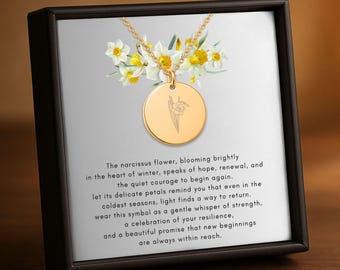Engraved Narcissus Necklace, December Birth Flower Jewelry – Mythology Inspired Gift for Her, Nature Lover Gift