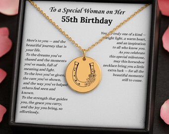 55th  Birthday Gift for Women – Horseshoe Luck Necklace with Custom Back, Luck Jewelry for 55 Year Old Friend, Mom or Aunt