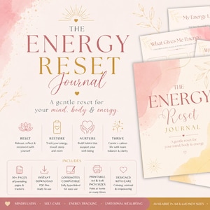 Può includere: The Energy Reset Journal, un diario stampabile con un design ad acquerello rosa e giallo. La copertina presenta il titolo in elegante scrittura e include pagine per il journaling, il monitoraggio dell'energia e la cura di sé. Disponibile nei formati A4 e 15,24 x 20,32 cm.