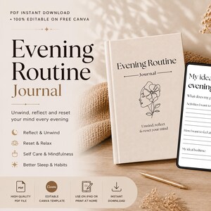 Diário de Rotina Noturna em PDF para Imprimir | Diário de Autocuidado | Planejador de Rotina Noturna | Modelo Gratuito Editável no Canva | Diário para iPad e GoodNotes