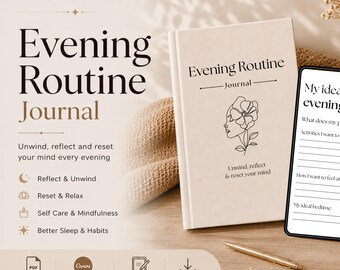 Diário de Rotina Noturna em PDF para Imprimir | Diário de Autocuidado | Planejador de Rotina Noturna | Modelo Gratuito Editável no Canva | Diário para iPad e GoodNotes