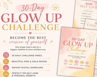30-Tage-Glow-Up-Challenge | Druckbarer und bearbeitbarer Selbstverbesserungsplaner | Digitales Wellness-Tagebuch | Canva-Vorlage, GoodNotes, A4, 6x8 PDF