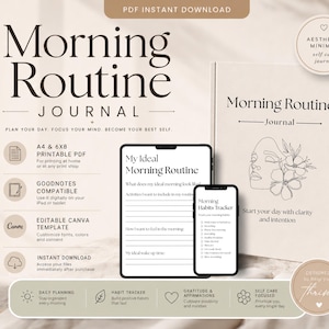 Può includere: Un set di diario per la routine mattutina digitale che include un PDF stampabile, un file compatibile con Goodnotes e un modello Canva modificabile. Il design presenta una copertina con disegno al tratto, un tablet e uno smartphone.