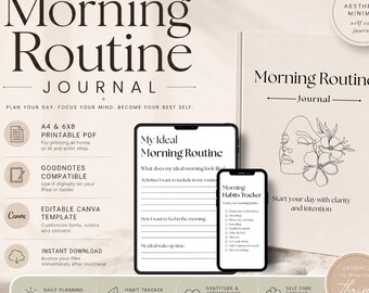 Diário de Rotina Matinal em PDF para Imprimir | Modelo Gratuito e Editável no Canva | Diário A4 + 6x8 | Diário para GoodNotes | Planejador de Autocuidado