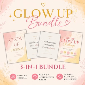 Può includere: Un pacchetto 3 in 1 che include un diario Glow Up, due carte di affermazione con testo tra cui I am becoming the version of me I admire e un foglio per la sfida Glow Up di 30 giorni. Gli articoli sono su uno sfondo pesca e giallo.