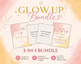 Glow-Up-Bundle (digitaler Download): Selbstverbesserungstagebuch, Affirmationskarten & 30-Tage-Glow-Up-Challenge (kostenlos für Canva, druckbare PDF-Datei)