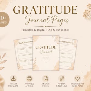 Può includere: Un diario di gratitudine digitale con il titolo "Gratitude Journal" e il testo "20+ pagine". Il diario è disponibile in A4 e 15 x 20 cm. Il design include accenti floreali e le parole "Mindful Moments" e "Evening Gratitude".