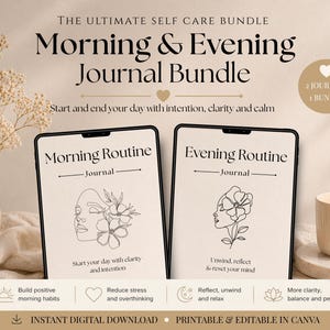 Può includere: Un pacchetto scaricabile digitalmente con due diari, "Morning Routine" e "Evening Routine". I diari presentano illustrazioni a tratteggio di volti con fiori. Il testo recita "Inizia e termina la giornata con intenzione, chiarezza e calma."