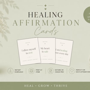 Può includere: Immagine promozionale per "Healing Affirmation Cards". Le carte mostrano i testi "Mi permetto di riposare", "Il mio cuore è al sicuro" e "Sto guarendo di più ogni giorno". L'immagine include anche il testo "40 carte uniche" e "Guarisci, Cresci, Prospera".