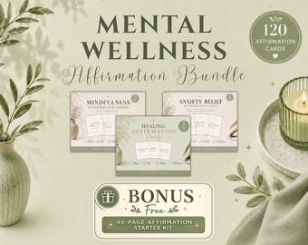 Affirmationskarten-Set für mentales Wohlbefinden + Gratis-Bonus, Achtsamkeit, Angstbewältigung, Heilung, bearbeitbar mit Canva, druckbares PDF, digitaler Download