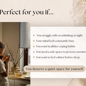 Pode incluir: Um design gr&aacute;fico com o texto Perfect for you if... seguido por uma lista de cinco pontos sobre bem-estar mental e a frase You deserve a quiet space for yourself. &Agrave; esquerda, uma pessoa segura uma caneca em uma cozinha.