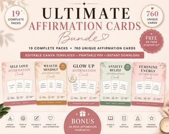 Ultimatives Affirmationskarten-Set | 760 druckbare Affirmationskarten, 19 Canva- und PDF-Pakete | Karten für Selbstliebe, Manifestation, Heilung und positive Denkweise