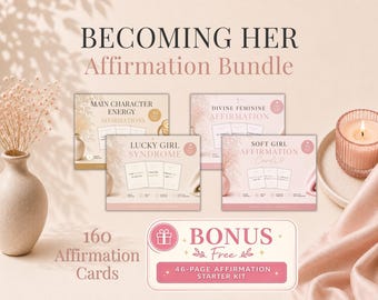 Affirmationskarten-Set „Werde sie“ | Energie der Hauptfigur, Glückskind, Göttlich-Weiblichkeit, Sanftes Mädchen, 160 druckbare Karten, Digitaler Download