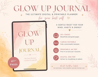 Glow-Up-Tagebuch, digitaler Planer (Canva-kompatibel), druckbare PDF-Dateien (A4 & 6x8 Zoll), GoodNotes-Tagebuch, Selbstfürsorge, Gewohnheitstracker, 30-Tage-Glow-Up