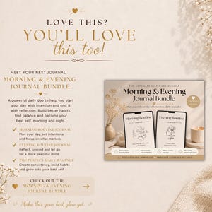 Pode incluir: Um conjunto digital Morning & Evening Journal Bundle com duas capas brancas ilustradas com desenhos de linhas. O texto diz The Ultimate Self Care Bundle, Morning & Evening Journal Bundle, Morning Routine e Evening Routine. Inclui &iacute;cones.