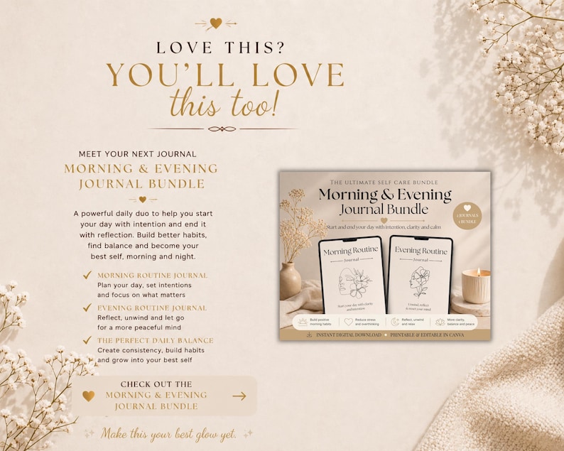 Pode incluir: Um conjunto digital Morning & Evening Journal Bundle com duas capas brancas ilustradas com desenhos de linhas. O texto diz The Ultimate Self Care Bundle, Morning & Evening Journal Bundle, Morning Routine e Evening Routine. Inclui &iacute;cones.