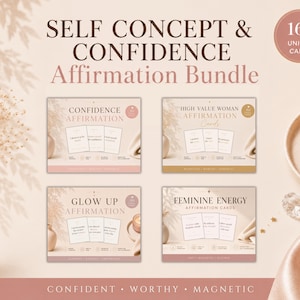 Può includere: Un pacchetto di carte di affermazione con il testo "SELF CONCEPT & CONFIDENCE Affirmation Bundle". L'immagine mostra quattro set di carte, tra cui "Confidence Affirmation" e "Feminine Energy Affirmation Cards". Un distintivo circolare recita "160 UNIQUE CARDS".