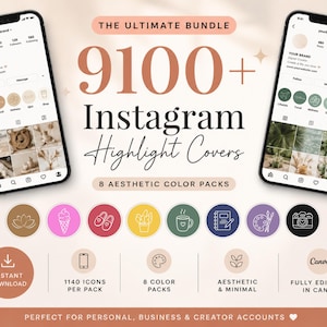 Può includere: Un pacchetto di prodotti digitali per Instagram, con oltre 9100 copertine di evidenziazione. L'immagine mostra due smartphone che mostrano profili Instagram, con varie icone e il testo "The Ultimate Bundle". Include 8 pacchetti di colori estetici ed è completamente modificabile in Canva.