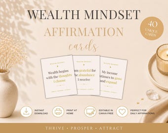 Affirmationskarten für mehr Wohlstand | 40 druckbare Affirmationen für Fülle | Karten für mehr Geldbewusstsein | Finanzielles Selbstvertrauen | PDF-Download