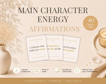 Affirmationskarten für die Hauptfigur, 40 druckbare positive Affirmationen, bearbeitbare Canva-Vorlage, Selbstvertrauenskarten, digitaler Download