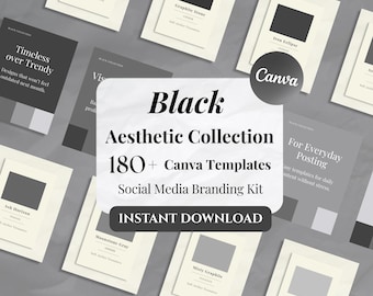 Schwarze Ästhetik – Canva-Vorlagen | Über 180 Social-Media-Vorlagen | Instagram- & Pinterest-Vorlagen, Monochromes Branding-Kit, Bearbeitbare Canva-Vorlagen