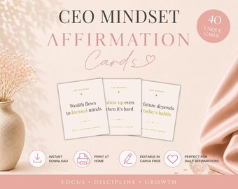 Affirmationskarten für die CEO-Mentalität, druckbare Affirmationskarten, Karten für eine erfolgreiche Denkweise, tägliche Motivation, CEO-Zitate, kostenlos bearbeitbare PDF-Datei für Canva