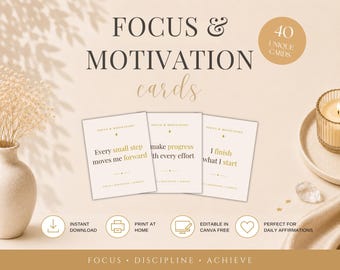 Affirmationskarten für Fokus & Motivation, druckbare positive Affirmationen, bearbeitbare Canva-Vorlage, tägliche Mindset-Karten (PDF), sofortiger Download