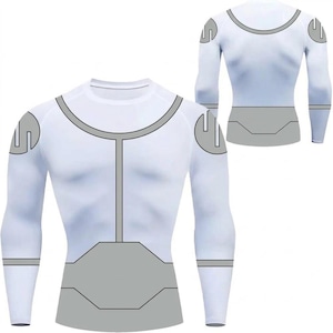 Puede incluir: Camiseta de compresión blanca de manga larga con detalles grises. La camiseta presenta cuello redondo y elementos de diseño grises en los hombros, el pecho y la cintura. También se muestra una segunda vista de la espalda de la camiseta.