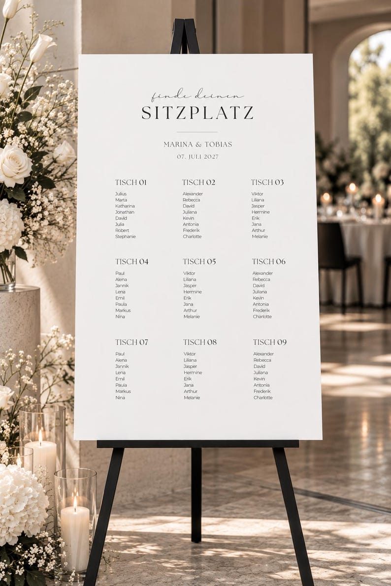May include: A white wedding seating chart sign on a black easel. The text reads "finde deinen SITZPLATZ", "MARINA & TOBIAS", "07. JULI 2027", and lists guest names under nine tables labeled "TISCH 01" through "TISCH 09" in a clean, black font.
