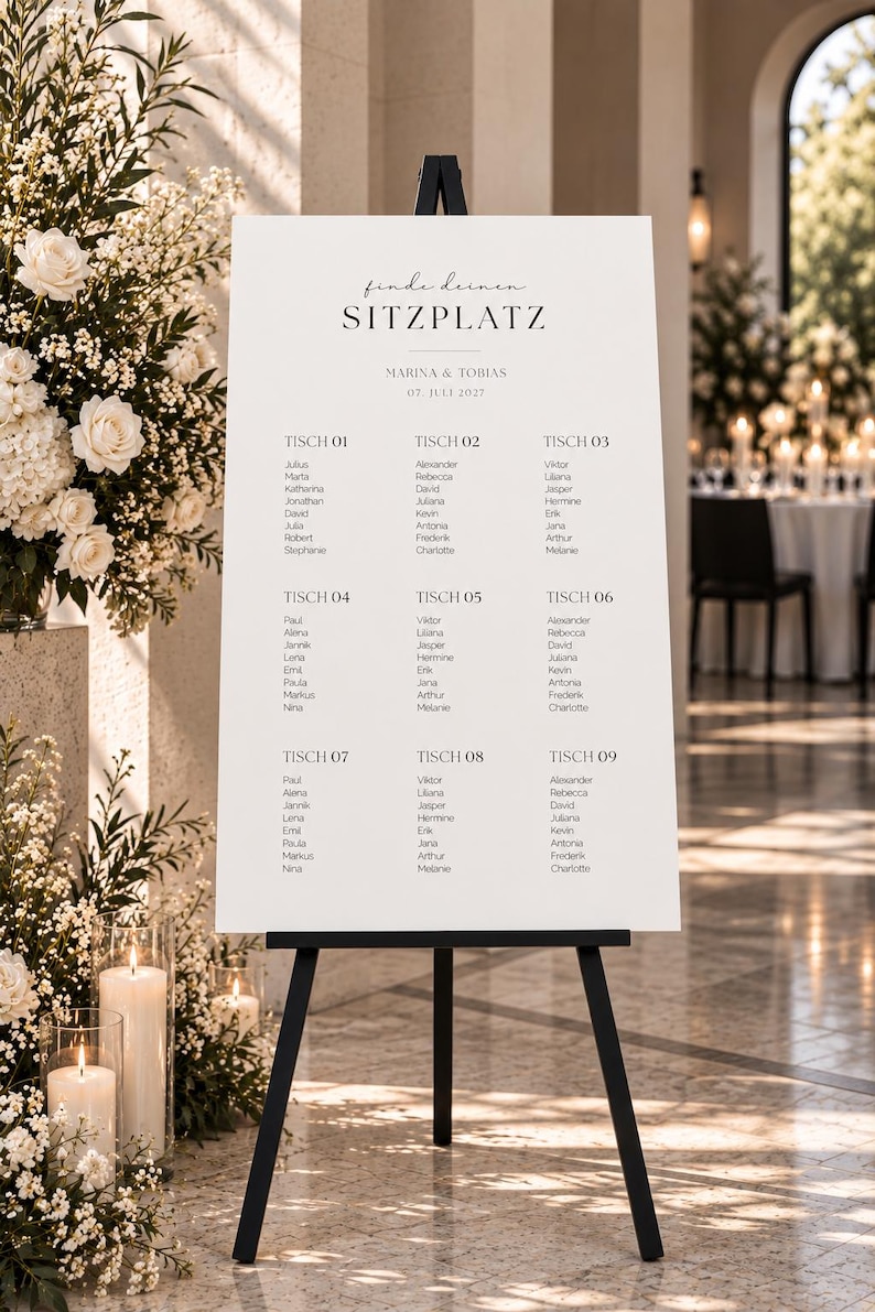 May include: A white wedding seating chart sign on a black easel, featuring the text "finde deinen SITZPLATZ", "MARINA & TOBIAS", "07. JULI 2027", and lists of names organized under nine tables labeled "TISCH 01" through "TISCH 09" in black font.