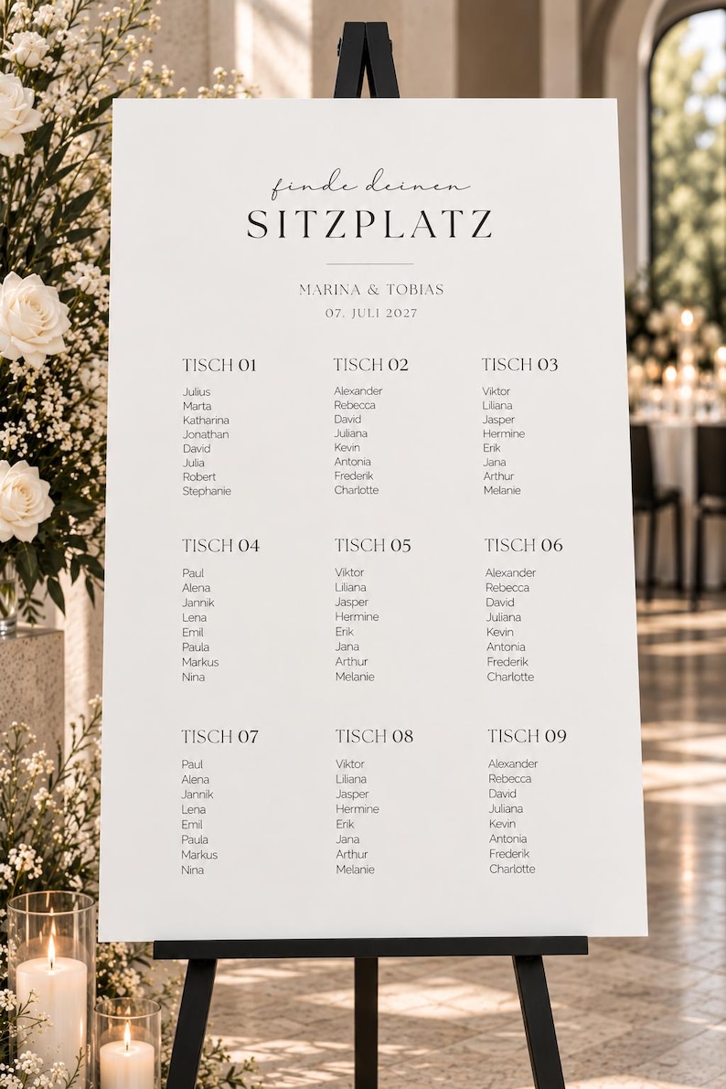May include: A white wedding seating chart sign on a black easel featuring the text finde deinen SITZPLATZ, MARINA & TOBIAS, 07. JULI 2027, and a list of names organized by table numbers from TISCH 01 to TISCH 09 in a clean black serif font.