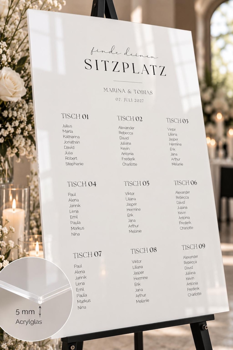 May include: A white acrylic wedding seating chart sign featuring the text "finde deinen SITZPLATZ", "MARINA & TOBIAS", and "07. JULI 2027" with lists of names organized by table numbers. A circular inset shows the 5 mm thick acrylic material.