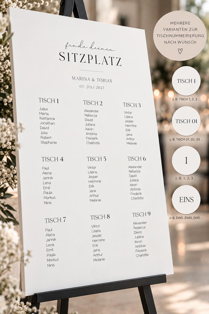 May include: A white wedding seating chart sign on a black easel featuring the text 'finde deinen SITZPLATZ', 'MARINA & TOBIAS', '07. JULI 2027', and lists of names under tables 1 through 9. Circular callouts show alternative table numbering styles.