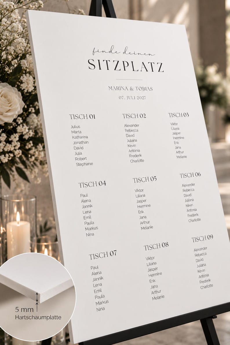 May include: A white wedding seating chart sign with black text reading "finde deinen SITZPLATZ", "MARINA & TOBIAS", and "07. JULI 2027", listing guest names under nine tables. A circular inset shows the 5 mm thick foam board material.