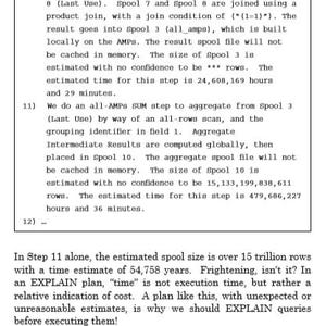 May include: A black and white image of a text document with the words "EXPLAIN" and "queries" highlighted. The text discusses the use of the EXPLAIN command in SQL to analyse the performance of queries.