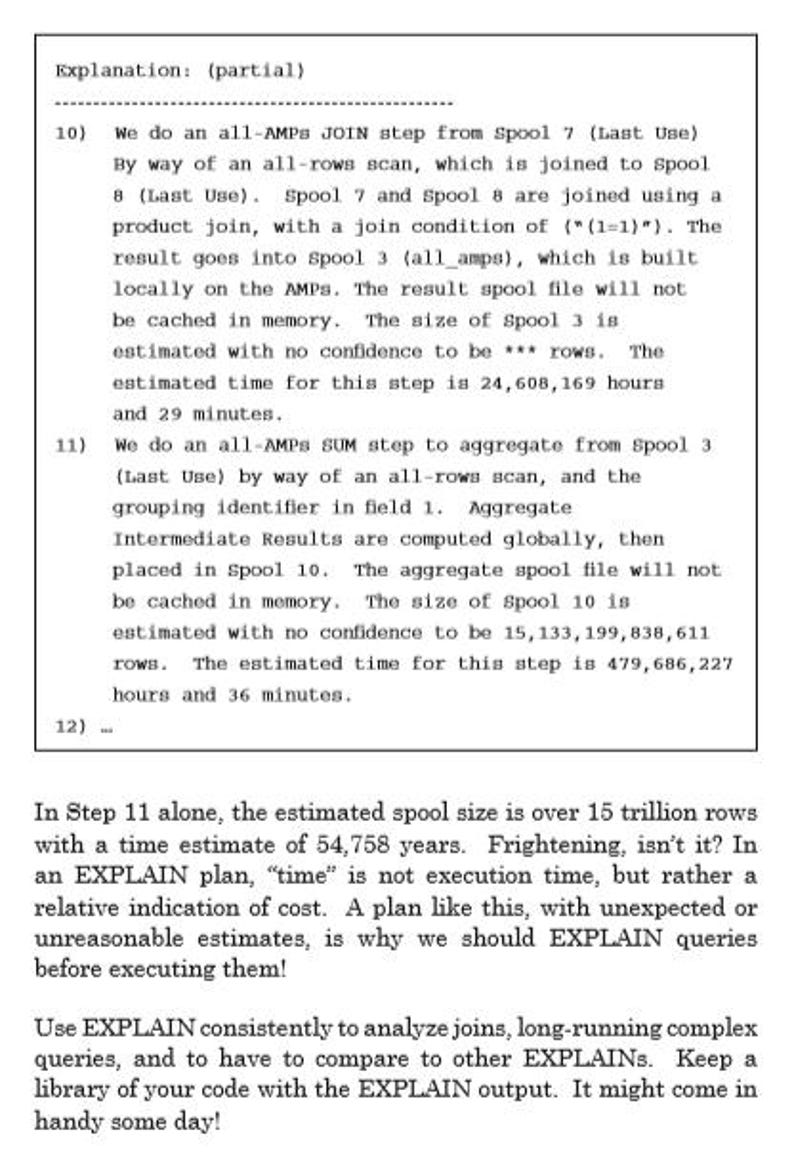 May include: A black and white image of a text document with the words "EXPLAIN" and "queries" highlighted. The text discusses the use of the EXPLAIN command in SQL to analyse the performance of queries.