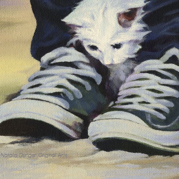Cat Lover, ORIIGNAL 8x10" Painting, Best Friends, Green Shoes, Kitten, Love, Friends, White Cat, Keds, Jeans, Custom Painting Available