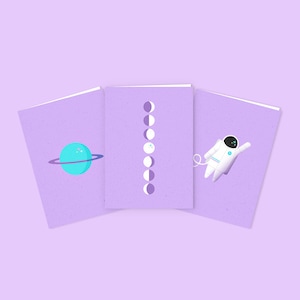 Ruimte (paars, 3 ontwerpen) | Notitiekaarten | Set van 6, met enveloppen (ruimtegeschenken, ruimtewenskaarten, Saturnus, maanfasen, geschenken onder de 20)