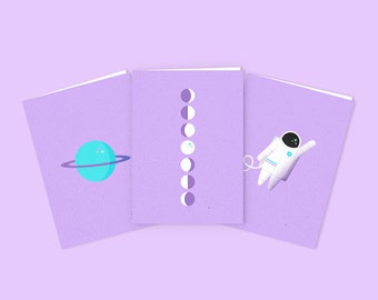 Space (Purple, 3 Designs) | Note Cards | Set of 6, With Envelopes (Space Gifts, Space Greeting Cards, Saturn, Moon Phases, Gifts Under 20)