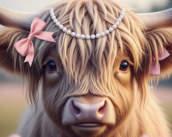 Highland Cow PNG, Coquette Cow With Pink Bow