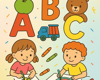 Könnte beinhalten: Kinder-Lehrbuchcover mit dem italienischen Text "Colora e impara l'alfabeto". Das Bild zeigt die Buchstaben A, B und C, einen grünen Apfel, einen braunen Teddybären, einen blauen Lastwagen und zwei Kinder, die mit Buntstiften zeichnen.