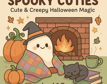 Może przedstawiać: Ilustracja z tekstem "SPOOKY CUTIES Cute & Creepy Halloween Magic" przedstawiająca ducha w kapeluszu czarownicy, dynie, kominek, czarnego kota i filiżankę herbaty. Duch jest owinięty w kratkowany koc. Obraz podpisany "by A&G".