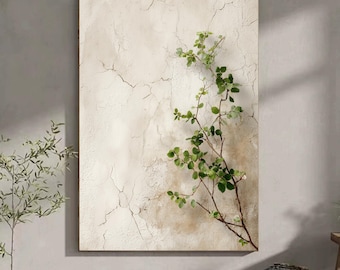 Puede incluir: Impresión en lienzo rectangular con un fondo texturizado blanquecino, con una red de grietas. Una rama delgada y marrón con hojas verdes vibrantes se extiende diagonalmente, creando un tema botánico natural.